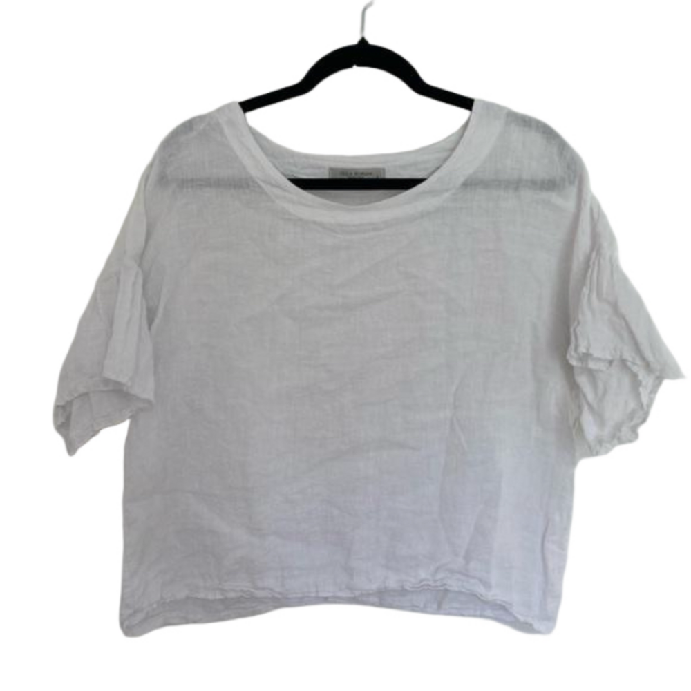 VIOLA BORGHI 100% Linen White Ruffle Dolman Sleeve Boho Lagen Look Women’s Top L
